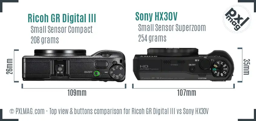 Ricoh GR Digital III vs Sony HX30V top view buttons comparison