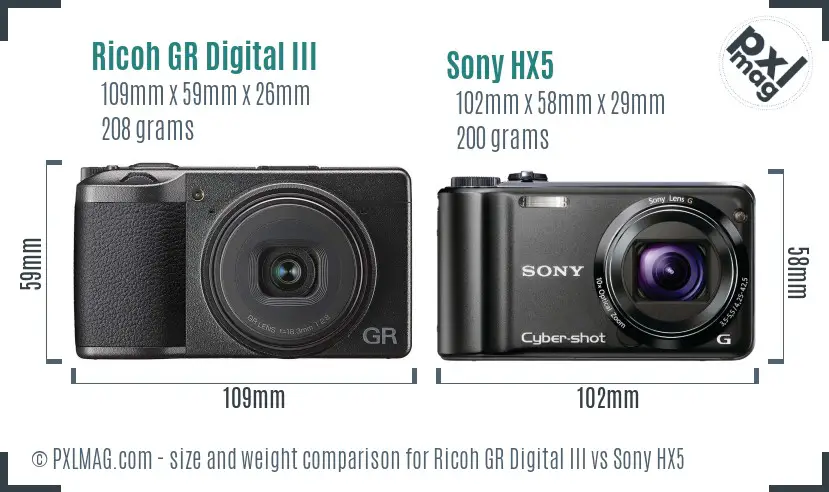 Ricoh GR Digital III vs Sony HX5 size comparison