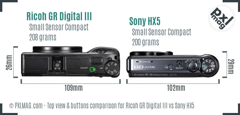 Ricoh GR Digital III vs Sony HX5 top view buttons comparison