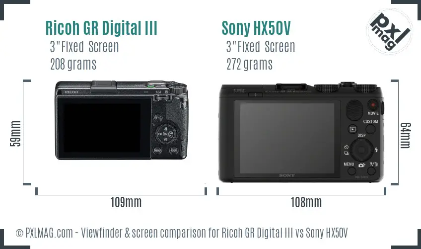 Ricoh GR Digital III vs Sony HX50V Screen and Viewfinder comparison