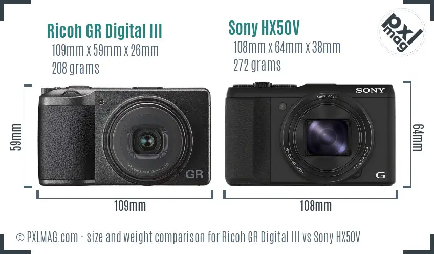 Ricoh GR Digital III vs Sony HX50V size comparison