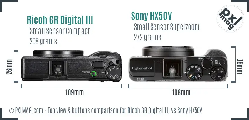 Ricoh GR Digital III vs Sony HX50V top view buttons comparison
