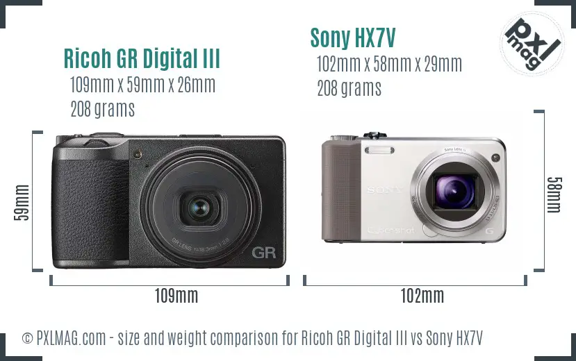 Ricoh GR Digital III vs Sony HX7V size comparison