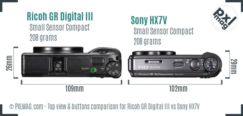 Ricoh GR Digital III vs Sony HX7V top view buttons comparison
