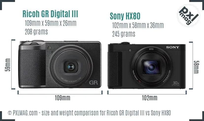 Ricoh GR Digital III vs Sony HX80 size comparison