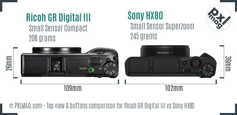 Ricoh GR Digital III vs Sony HX80 top view buttons comparison