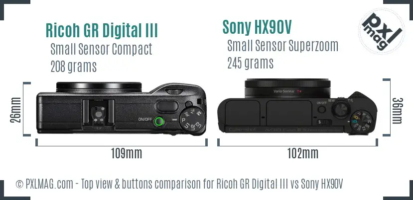 Ricoh GR Digital III vs Sony HX90V top view buttons comparison