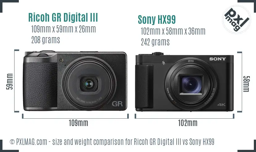 Ricoh GR Digital III vs Sony HX99 size comparison