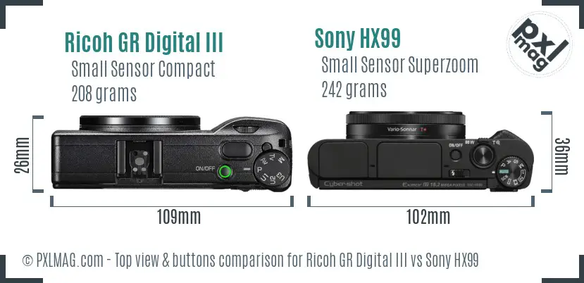 Ricoh GR Digital III vs Sony HX99 top view buttons comparison