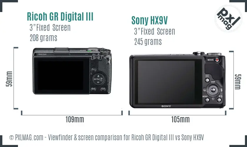 Ricoh GR Digital III vs Sony HX9V Screen and Viewfinder comparison