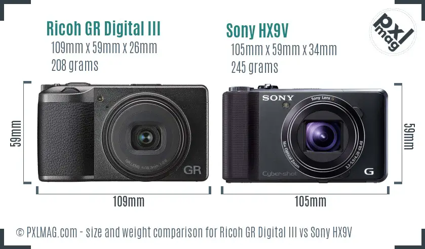 Ricoh GR Digital III vs Sony HX9V size comparison