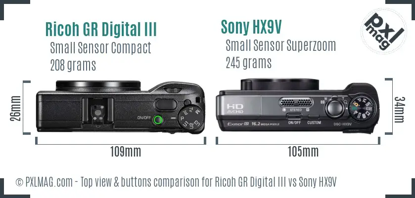 Ricoh GR Digital III vs Sony HX9V top view buttons comparison