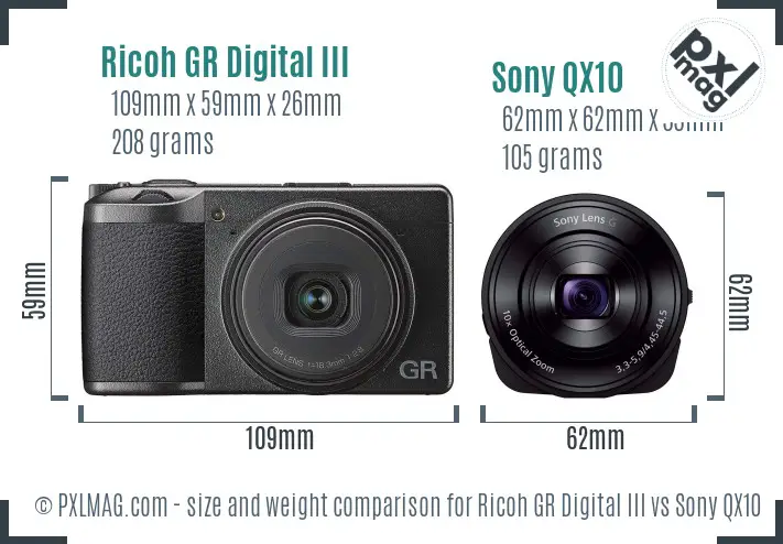 Ricoh GR Digital III vs Sony QX10 size comparison