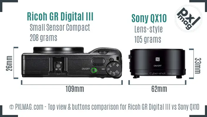 Ricoh GR Digital III vs Sony QX10 top view buttons comparison