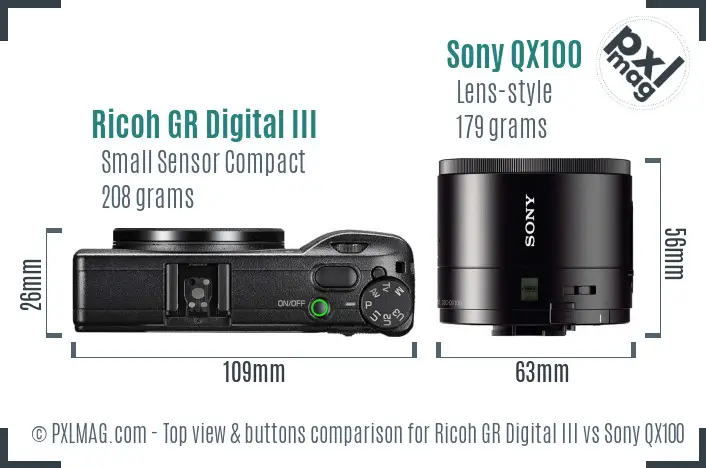 Ricoh GR Digital III vs Sony QX100 top view buttons comparison Ricoh GR Digital III vs Sony QX100 top view buttons comparison