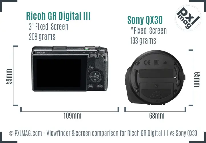 Ricoh GR Digital III vs Sony QX30 Screen and Viewfinder comparison