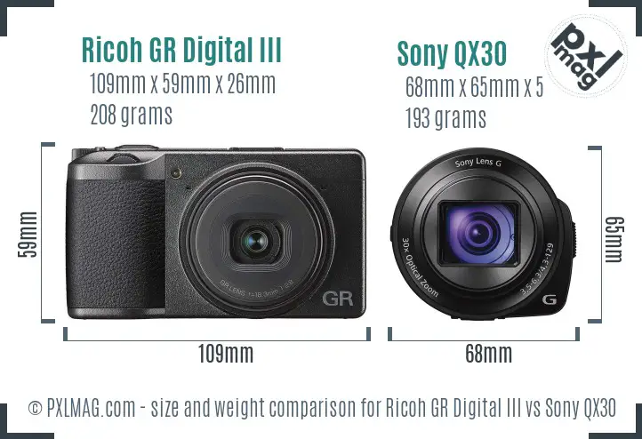 Ricoh GR Digital III vs Sony QX30 size comparison