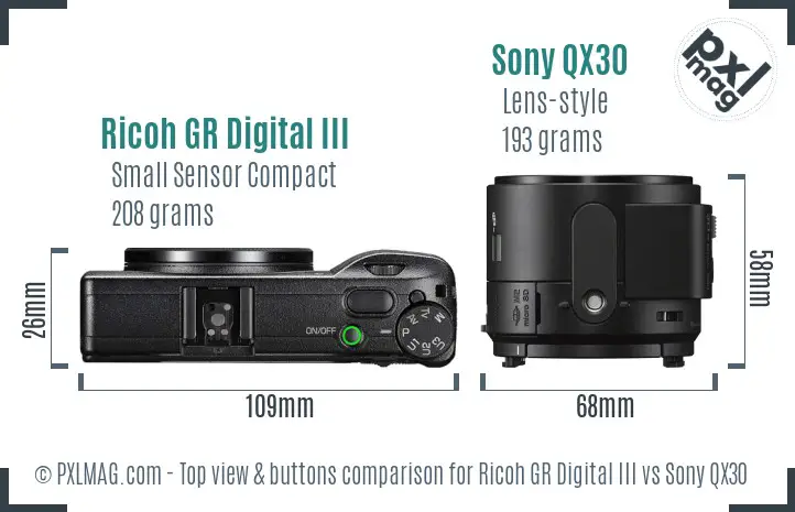 Ricoh GR Digital III vs Sony QX30 top view buttons comparison