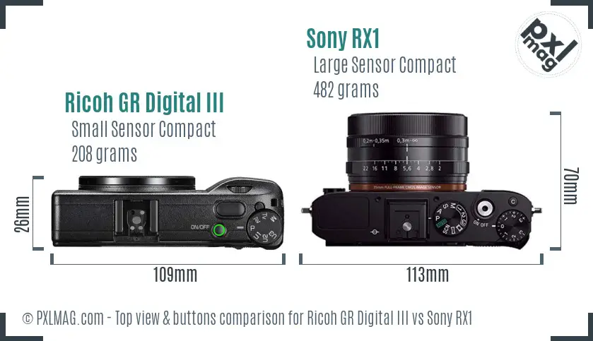 Ricoh GR Digital III vs Sony RX1 top view buttons comparison