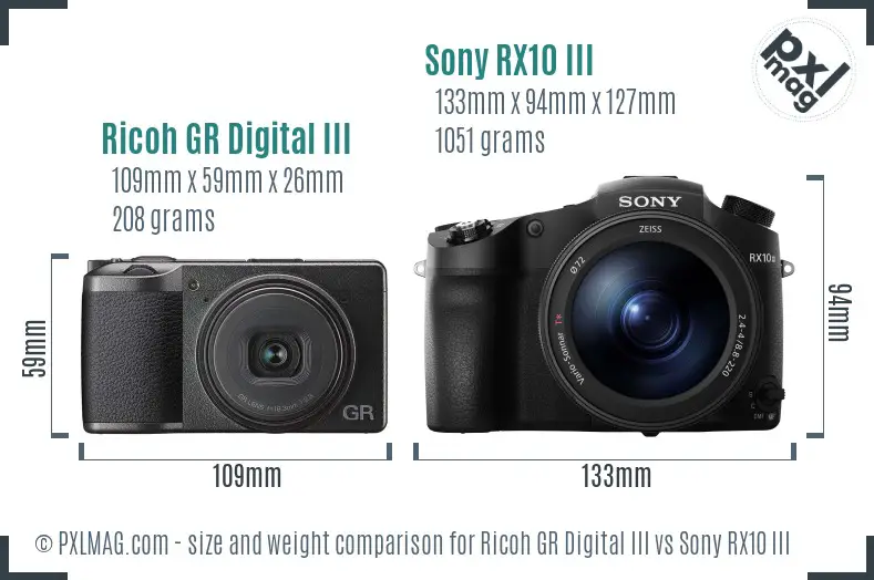 Ricoh GR Digital III vs Sony RX10 III size comparison