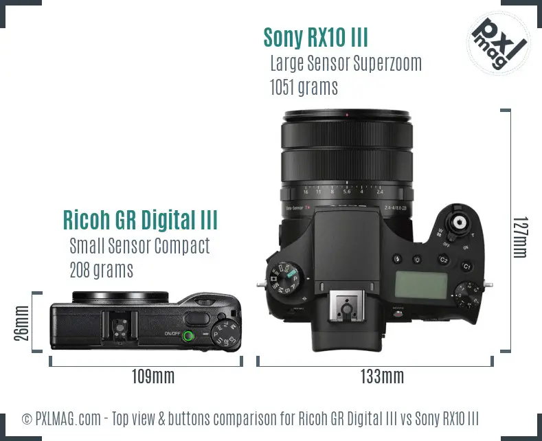 Ricoh GR Digital III vs Sony RX10 III top view buttons comparison