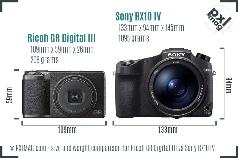 Ricoh GR Digital III vs Sony RX10 IV size comparison