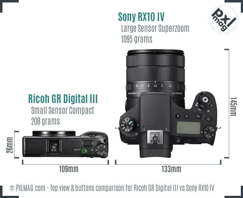 Ricoh GR Digital III vs Sony RX10 IV top view buttons comparison