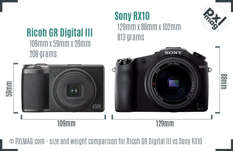 Ricoh GR Digital III vs Sony RX10 size comparison