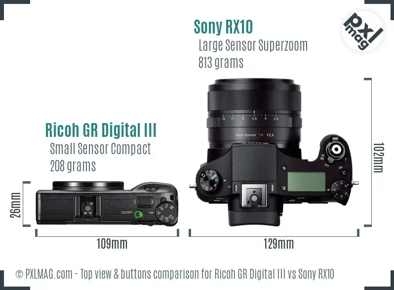 Ricoh GR Digital III vs Sony RX10 top view buttons comparison