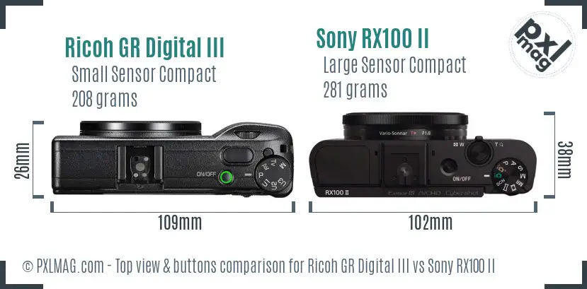 Ricoh GR Digital III vs Sony RX100 II top view buttons comparison Ricoh GR Digital III vs Sony RX100 II top view buttons comparison