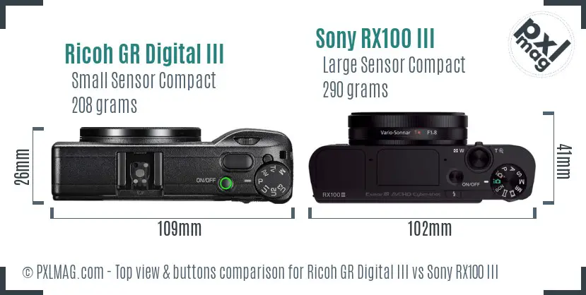 Ricoh GR Digital III vs Sony RX100 III top view buttons comparison