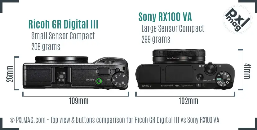 Ricoh GR Digital III vs Sony RX100 VA top view buttons comparison