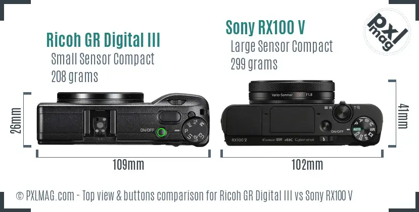Ricoh GR Digital III vs Sony RX100 V top view buttons comparison Ricoh GR Digital III vs Sony RX100 V top view buttons comparison
