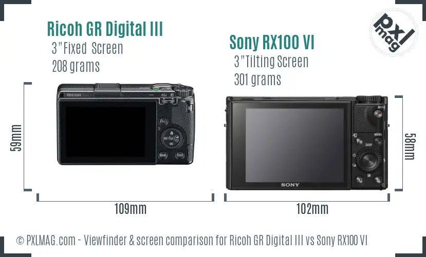 Ricoh GR Digital III vs Sony RX100 VI Screen and Viewfinder comparison