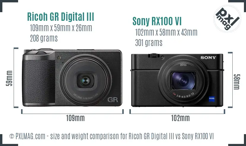 Ricoh GR Digital III vs Sony RX100 VI size comparison