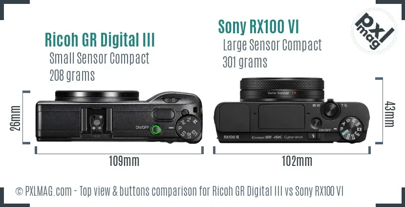 Ricoh GR Digital III vs Sony RX100 VI top view buttons comparison