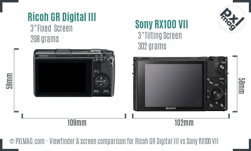 Ricoh GR Digital III vs Sony RX100 VII Screen and Viewfinder comparison