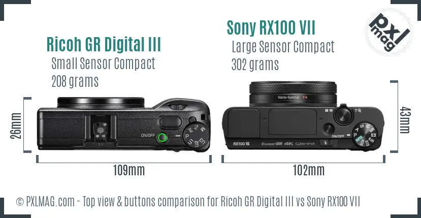Ricoh GR Digital III vs Sony RX100 VII top view buttons comparison