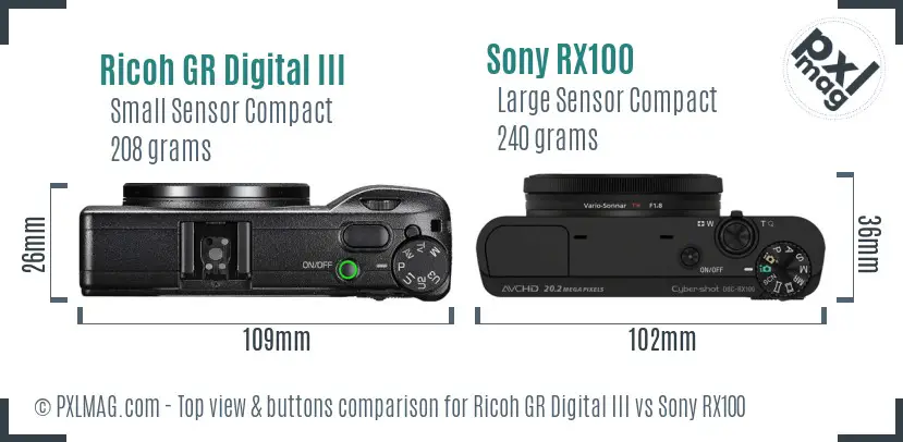 Ricoh GR Digital III vs Sony RX100 top view buttons comparison