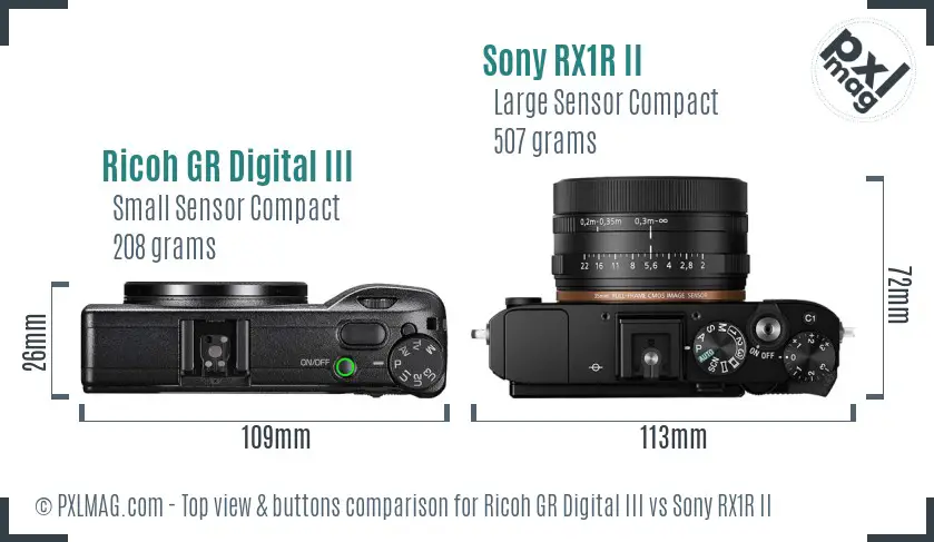 Ricoh GR Digital III vs Sony RX1R II top view buttons comparison