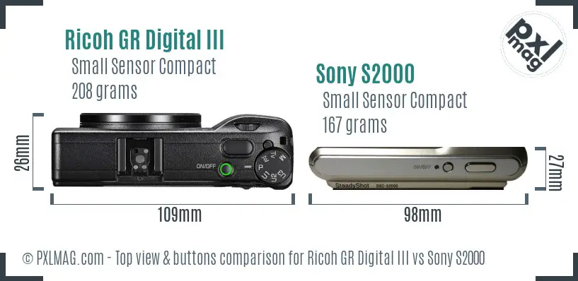 Ricoh GR Digital III vs Sony S2000 top view buttons comparison