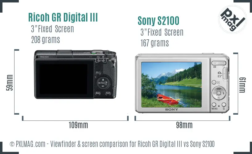 Ricoh GR Digital III vs Sony S2100 Screen and Viewfinder comparison