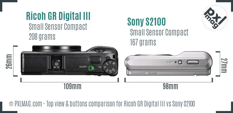 Ricoh GR Digital III vs Sony S2100 top view buttons comparison