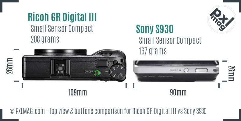 Ricoh GR Digital III vs Sony S930 top view buttons comparison