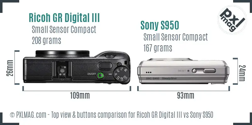 Ricoh GR Digital III vs Sony S950 top view buttons comparison