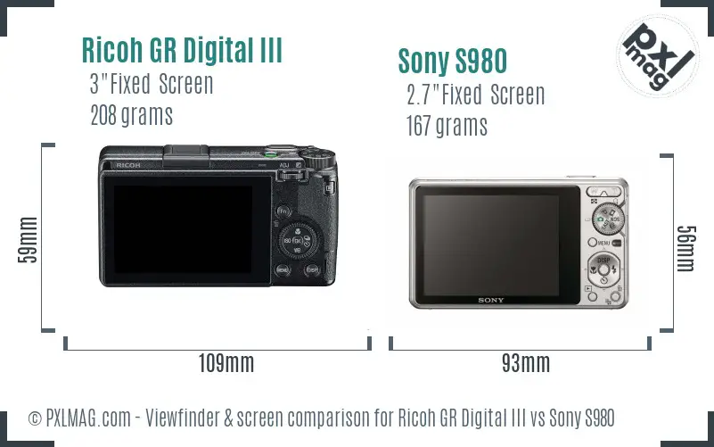 Ricoh GR Digital III vs Sony S980 Screen and Viewfinder comparison