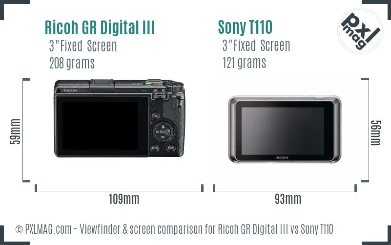 Ricoh GR Digital III vs Sony T110 Screen and Viewfinder comparison