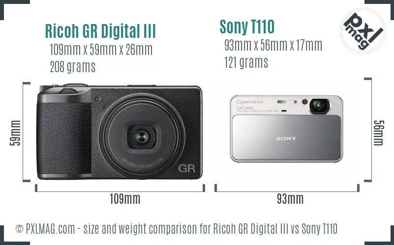 Ricoh GR Digital III vs Sony T110 size comparison