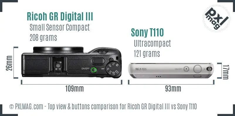 Ricoh GR Digital III vs Sony T110 top view buttons comparison
