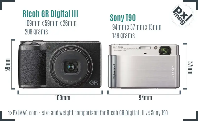 Ricoh GR Digital III vs Sony T90 size comparison